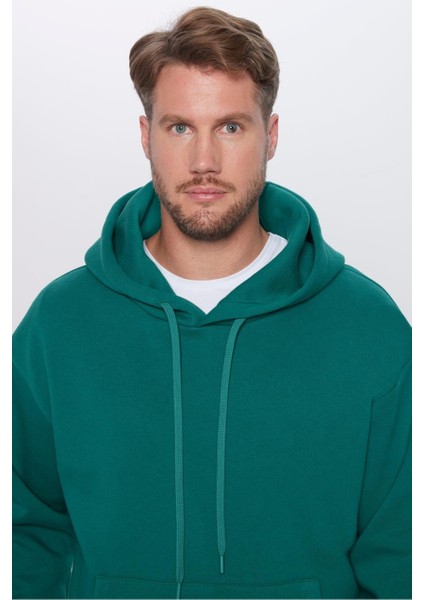 Unisex Oversize Geniş Kesim Pamuklu Yumuşak Dokulu Içi Polarlı Basic Yeşil Kapüşonlu Sweatshirt fiyatları