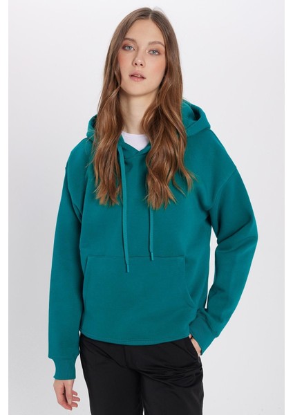 Unisex Oversize Geniş Kesim Pamuklu Yumuşak Dokulu Içi Polarlı Basic Yeşil Kapüşonlu Sweatshirt modelleri
