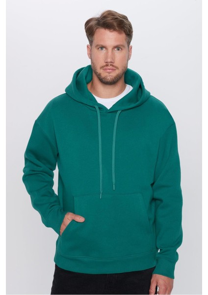 Unisex Oversize Geniş Kesim Pamuklu Yumuşak Dokulu Içi Polarlı Basic Yeşil Kapüşonlu Sweatshirt indirimleri