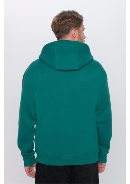 Unisex Oversize Geniş Kesim Pamuklu Yumuşak Dokulu Içi Polarlı Basic Yeşil Kapüşonlu Sweatshirt