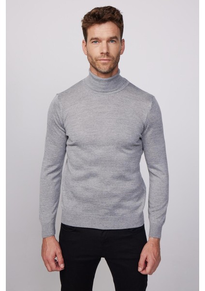 Erkek Slim Fit Dar Kesim Tam Balıkçı Yaka Düz Yün Gri Triko Kazak fiyatları