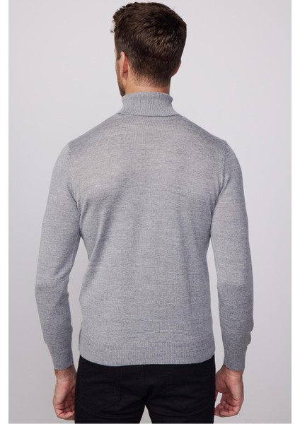 Erkek Slim Fit Dar Kesim Tam Balıkçı Yaka Düz Yün Gri Triko Kazak indirimleri