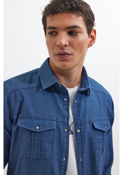 Slim Fit Uzun Kollu Spor Yaka Yıkamalı Çift Cepli Armürlü Denim Kot Indigo Erkek Gömlek fiyatları