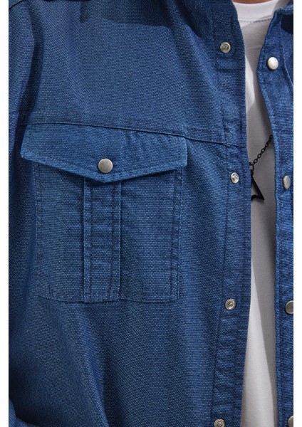 Slim Fit Uzun Kollu Spor Yaka Yıkamalı Çift Cepli Armürlü Denim Kot Indigo Erkek Gömlek modelleri