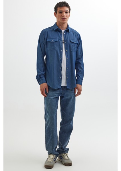 Slim Fit Uzun Kollu Spor Yaka Yıkamalı Çift Cepli Armürlü Denim Kot Indigo Erkek Gömlek fırsatları