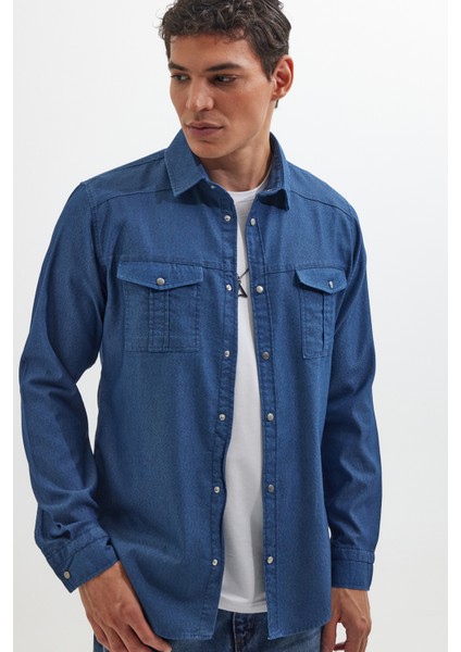 Slim Fit Uzun Kollu Spor Yaka Yıkamalı Çift Cepli Armürlü Denim Kot Indigo Erkek Gömlek indirimleri