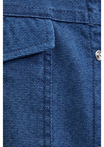 Slim Fit Uzun Kollu Spor Yaka Yıkamalı Çift Cepli Armürlü Denim Kot Indigo Erkek Gömlek