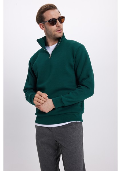 Unisex Relax Fit Rahat Kesim Pamuklu Içi Polarlı Yarım Fermuarlı Haki Dik Yaka Sweatshirt fiyatları
