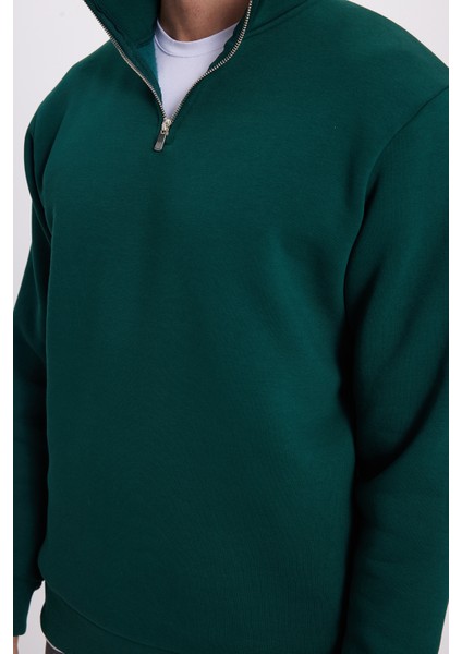 Unisex Relax Fit Rahat Kesim Pamuklu Içi Polarlı Yarım Fermuarlı Haki Dik Yaka Sweatshirt modelleri