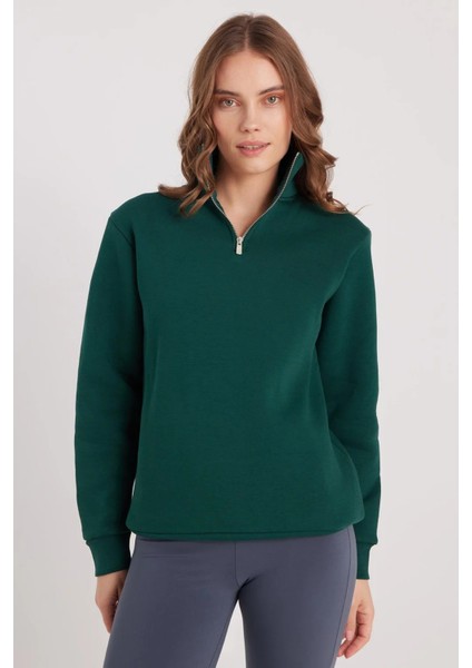 Unisex Relax Fit Rahat Kesim Pamuklu Içi Polarlı Yarım Fermuarlı Haki Dik Yaka Sweatshirt fırsatları