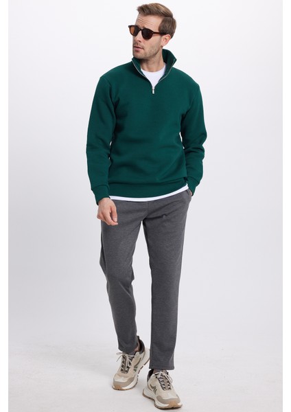 Unisex Relax Fit Rahat Kesim Pamuklu Içi Polarlı Yarım Fermuarlı Haki Dik Yaka Sweatshirt indirimleri