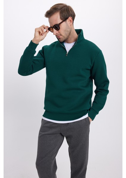 Unisex Relax Fit Rahat Kesim Pamuklu Içi Polarlı Yarım Fermuarlı Haki Dik Yaka Sweatshirt