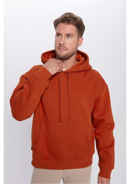 Unisex Oversize Geniş Kesim Pamuklu Yumuşak Dokulu Içi Polarlı Basic Kiremit Renk Kapüşonlu Sweatshi fiyatları