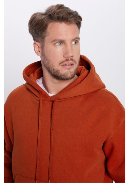 Unisex Oversize Geniş Kesim Pamuklu Yumuşak Dokulu Içi Polarlı Basic Kiremit Renk Kapüşonlu Sweatshi modelleri
