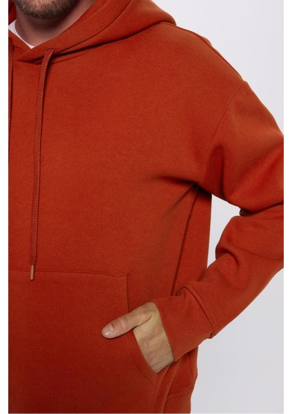 Unisex Oversize Geniş Kesim Pamuklu Yumuşak Dokulu Içi Polarlı Basic Kiremit Renk Kapüşonlu Sweatshi fırsatları