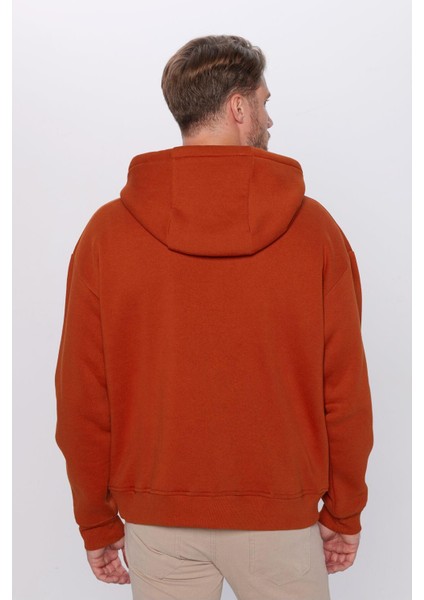 Unisex Oversize Geniş Kesim Pamuklu Yumuşak Dokulu Içi Polarlı Basic Kiremit Renk Kapüşonlu Sweatshi indirimleri