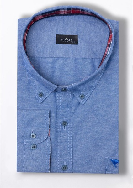 Erkek Büyük Beden Rahat Kesim Pamuklu Kolay Ütülenebilir Düğmeli Yaka Düz Sax Mavi Spor Gömlek