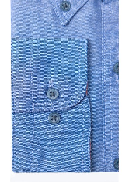 Erkek Büyük Beden Rahat Kesim Pamuklu Kolay Ütülenebilir Düğmeli Yaka Düz Sax Mavi Spor Gömlek fiyatları