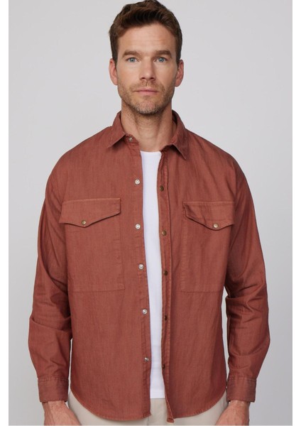 Relax Fit Rahat Kesim Denim Kot Parça Boyalı Çift Cep Kapaklı Çıtçıtlı Erkek Kahverengi Gömlek fiyatları