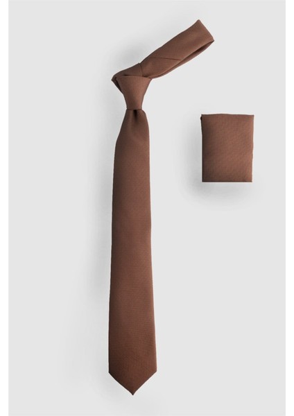 Cep Mendilli Düz Erkek Kahverengi Kravat modelleri