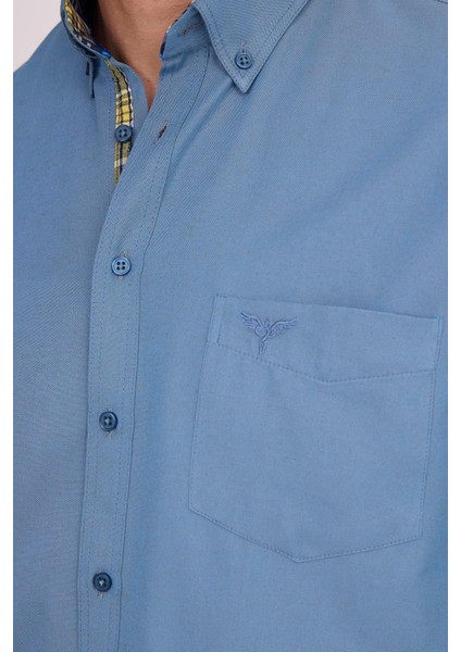 Erkek Regular Fit Klasik Kesim Pamuklu Oxford Doku Petrol Renk Düğmeli Yaka Gömlek