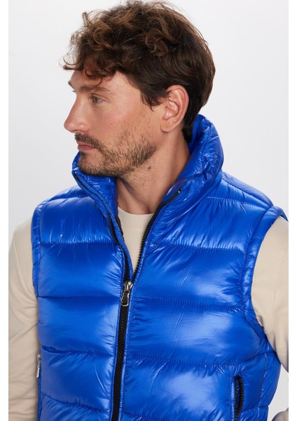 Erkek Standart Fit Dik Yaka Cepli Fermuarlı Saks Mavi Şişme Yelek fiyatları