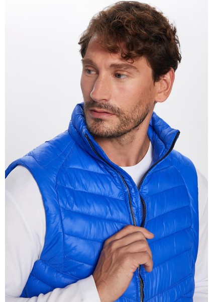 Erkek Standart Fit Dik Yaka Cepli Fermuarlı Saks Mavi Şişme Yelek fiyatları