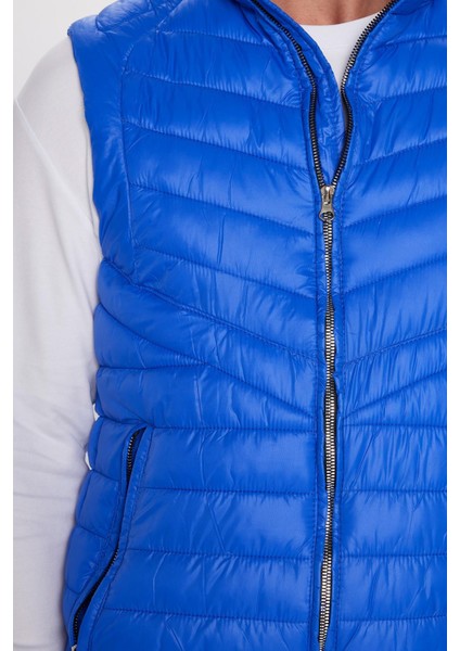 Erkek Standart Fit Dik Yaka Cepli Fermuarlı Saks Mavi Şişme Yelek modelleri