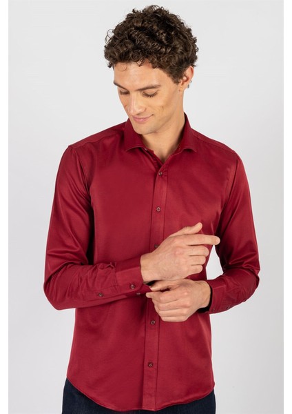 Modern Slim Fit Uzun Kollu Düz Saten Pamuklu Erkek Bordo Gömlek fiyatları