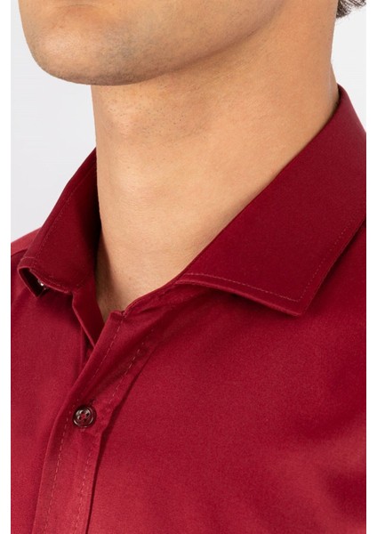 Modern Slim Fit Uzun Kollu Düz Saten Pamuklu Erkek Bordo Gömlek modelleri