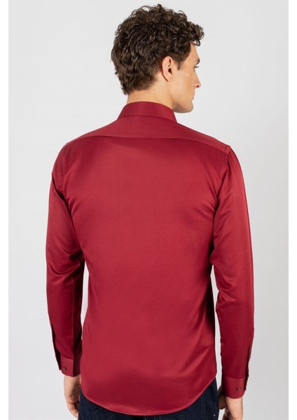 Modern Slim Fit Uzun Kollu Düz Saten Pamuklu Erkek Bordo Gömlek fırsatları