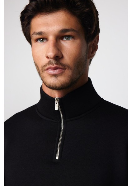 Unisex Relax Fit Rahat Kesim Pamuklu İçi Polarlı Yarım Fermuarlı Siyah Dik Yaka Sweatshirt fiyatları