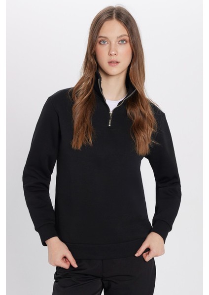 Unisex Relax Fit Rahat Kesim Pamuklu İçi Polarlı Yarım Fermuarlı Siyah Dik Yaka Sweatshirt modelleri
