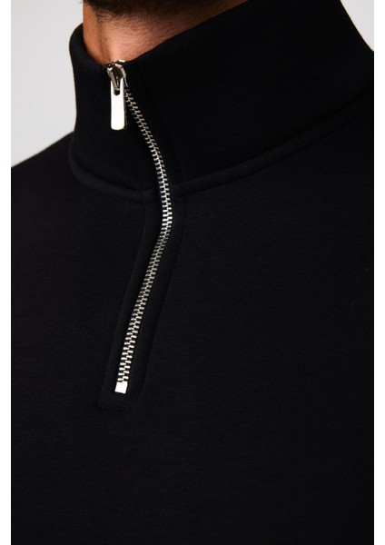Unisex Relax Fit Rahat Kesim Pamuklu İçi Polarlı Yarım Fermuarlı Siyah Dik Yaka Sweatshirt fırsatları