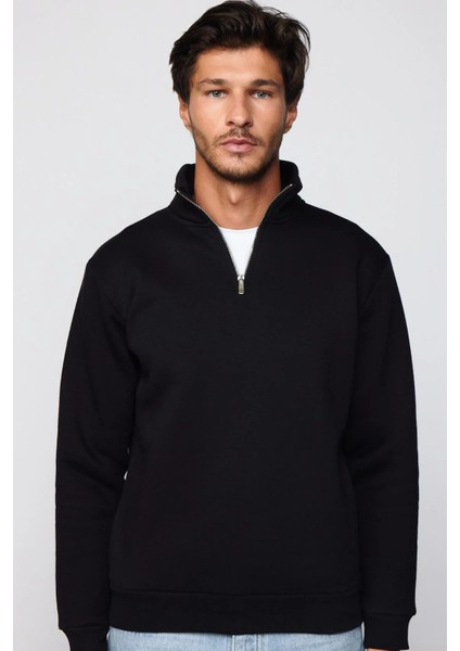 Unisex Relax Fit Rahat Kesim Pamuklu İçi Polarlı Yarım Fermuarlı Siyah Dik Yaka Sweatshirt indirimleri