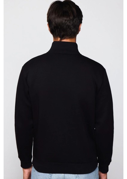 Unisex Relax Fit Rahat Kesim Pamuklu İçi Polarlı Yarım Fermuarlı Siyah Dik Yaka Sweatshirt