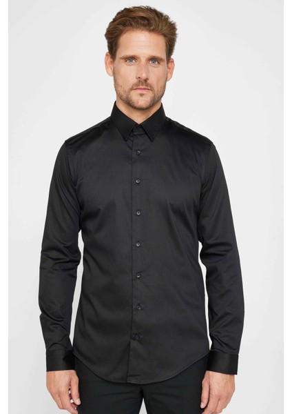 Slım Fıt Uzun Kollu %100 Koton Saten Premium Erkek Siyah Gömlek fiyatları