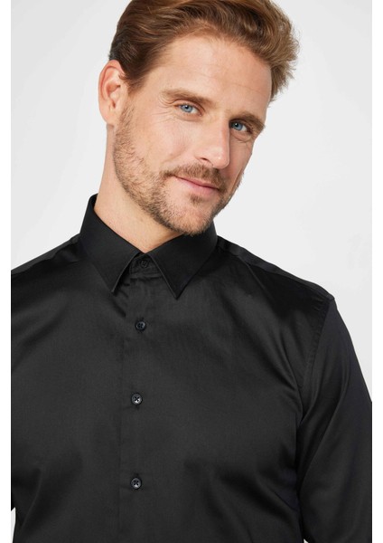 Slım Fıt Uzun Kollu %100 Koton Saten Premium Erkek Siyah Gömlek modelleri