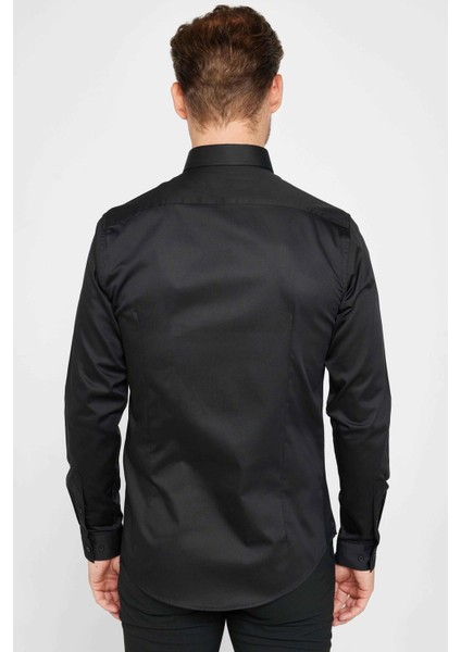 Slım Fıt Uzun Kollu %100 Koton Saten Premium Erkek Siyah Gömlek indirimleri