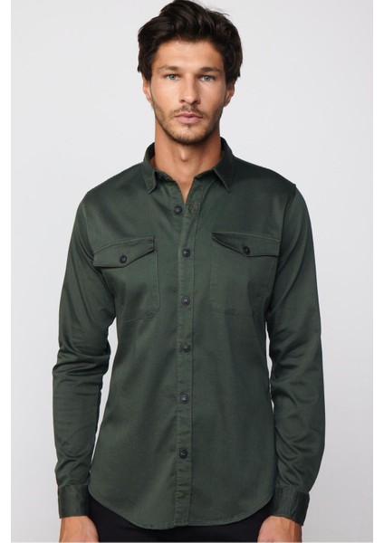 Slım Fit Uzun Kollu Düz Denim Kot Cepli Gabardin Erkek Haki Gömlek fiyatları
