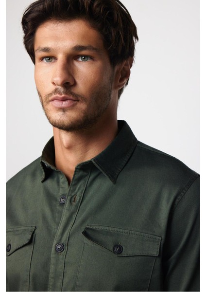 Slım Fit Uzun Kollu Düz Denim Kot Cepli Gabardin Erkek Haki Gömlek modelleri