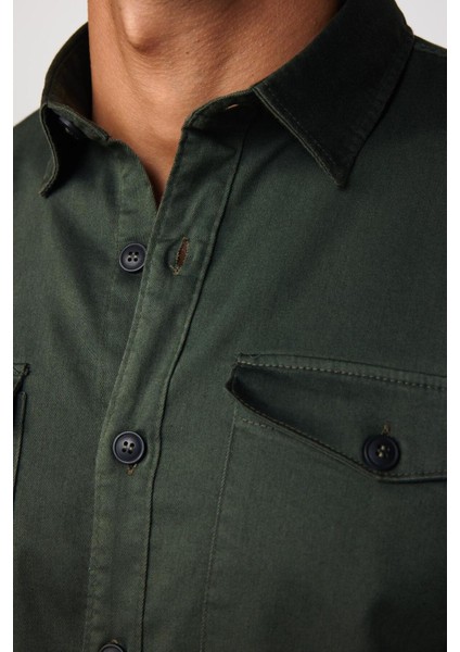 Slım Fit Uzun Kollu Düz Denim Kot Cepli Gabardin Erkek Haki Gömlek fırsatları