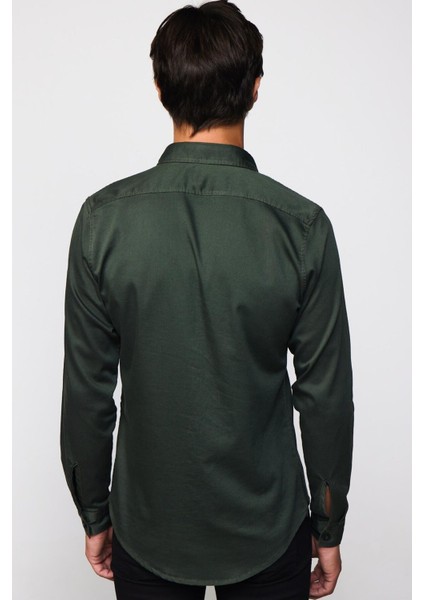 Slım Fit Uzun Kollu Düz Denim Kot Cepli Gabardin Erkek Haki Gömlek indirimleri