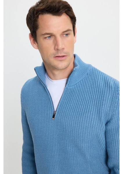 Erkek Slim Fit Dar Kesim Fermuarlı İndigo Dik Yaka Triko Kazak fiyatları