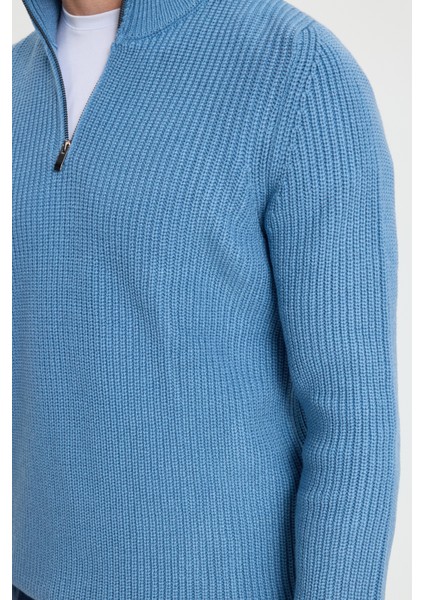 Erkek Slim Fit Dar Kesim Fermuarlı İndigo Dik Yaka Triko Kazak modelleri