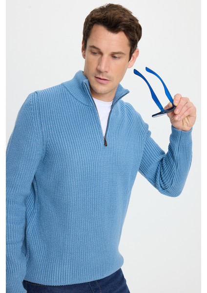 Erkek Slim Fit Dar Kesim Fermuarlı İndigo Dik Yaka Triko Kazak fırsatları