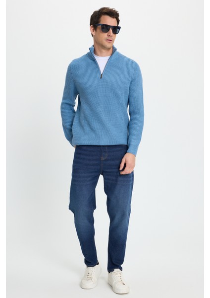 Erkek Slim Fit Dar Kesim Fermuarlı İndigo Dik Yaka Triko Kazak indirimleri