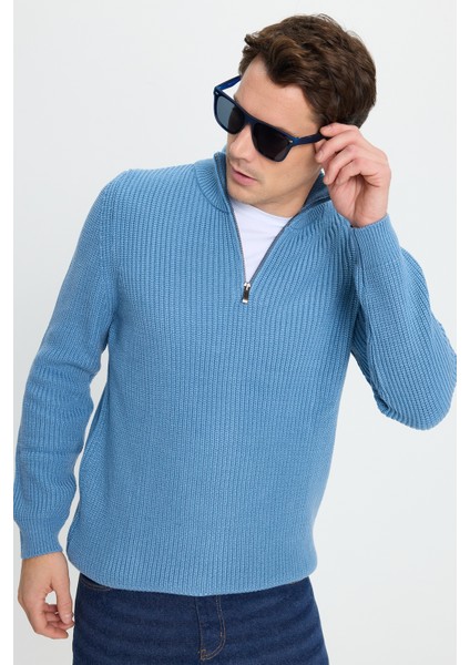 Erkek Slim Fit Dar Kesim Fermuarlı İndigo Dik Yaka Triko Kazak