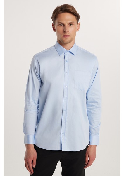 Erkek Regular Fit Klasik Kesim %100 Pamuk Saten Tek Cepli Mavi Gömlek