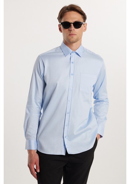 Erkek Regular Fit Klasik Kesim %100 Pamuk Saten Tek Cepli Mavi Gömlek modelleri